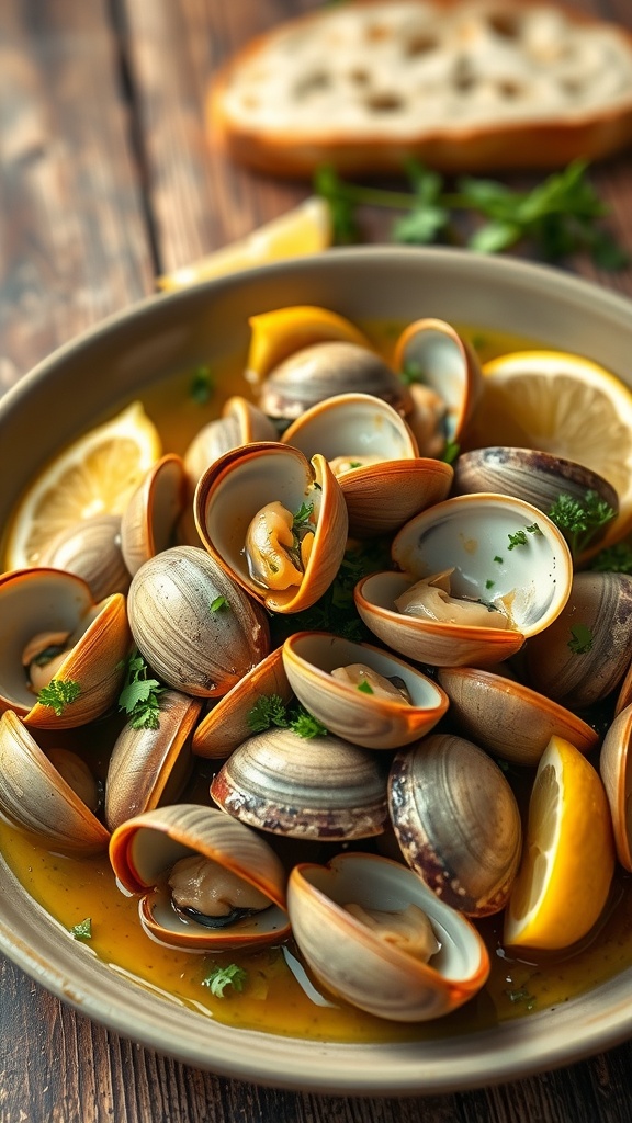 A plate of sautéed garlic butter clams garnished with parsley and lemon wedges on a rustic table.